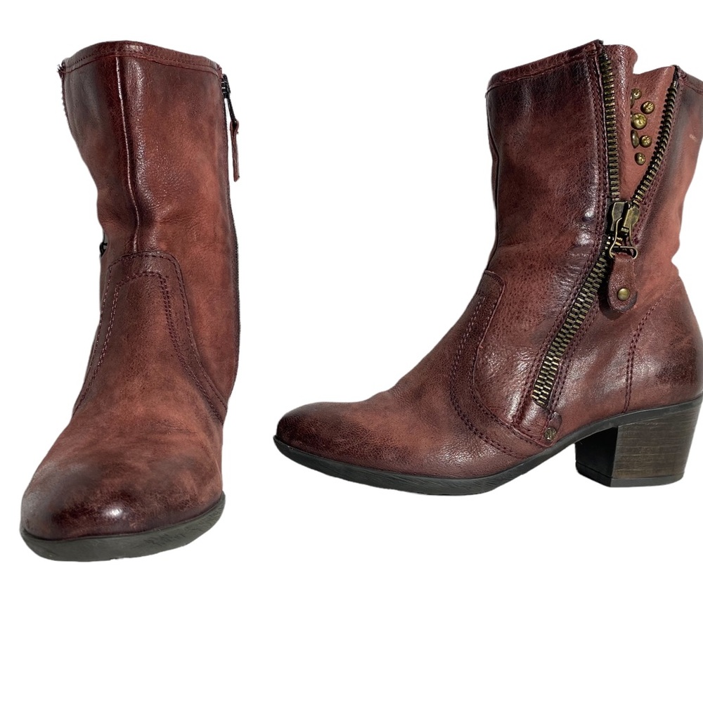 Cordovan leather boots, half-zip detail with aged bronze studs and hardware